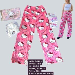 HELLO KITTY PINK PAJAMA PANTS XS/S BUNDLE! #4 BEANIE, PURSE, 3 MINI ZIP WALLETS